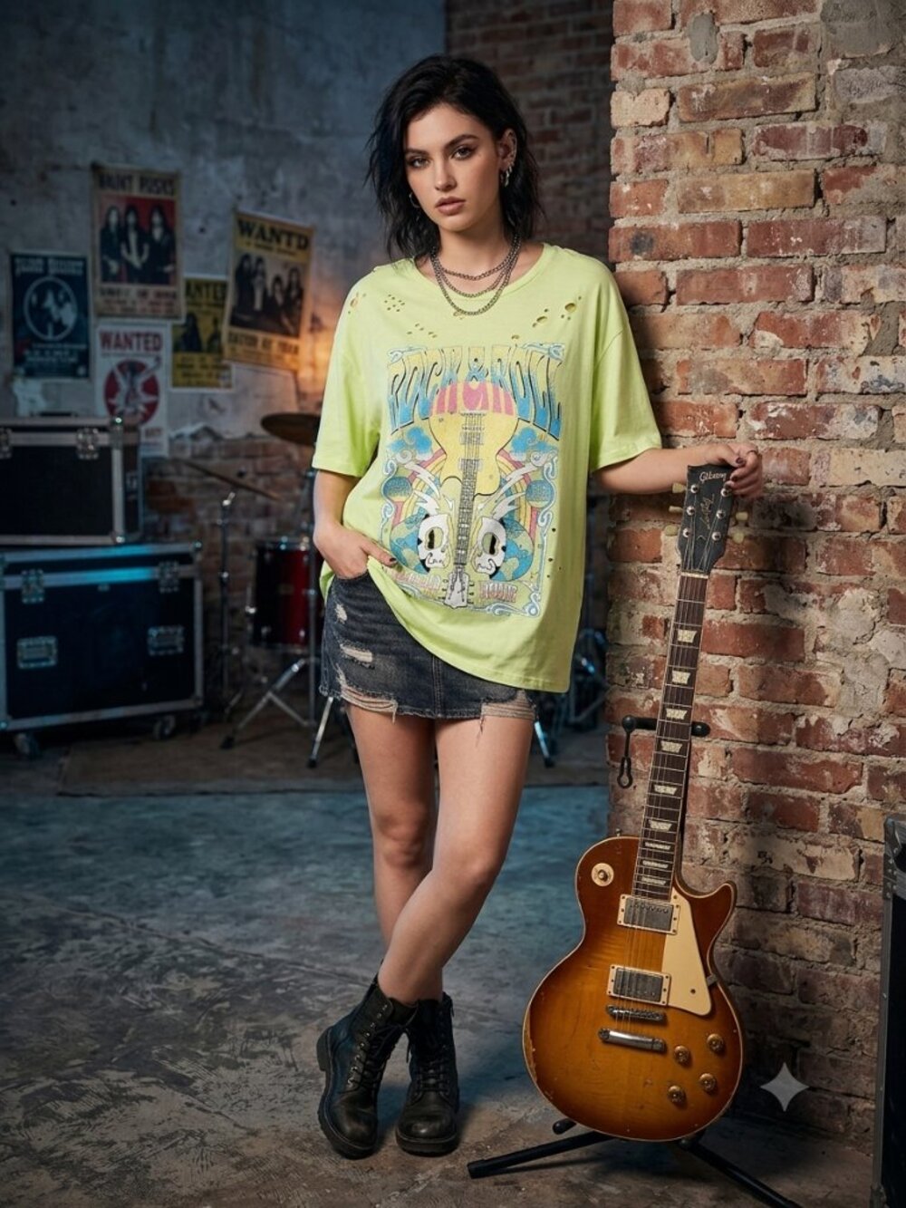 Zutter Distressed Neon Lime Green Rock & Roll Graphic T-Shirt Size XL